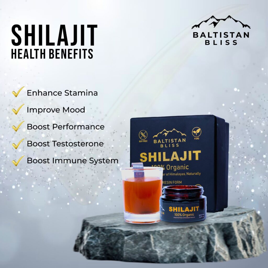 Baltistan Pure Shilajit Resin 30g starter kit showing the sealed square box, glass jar of black resin, and stainless steel spoon