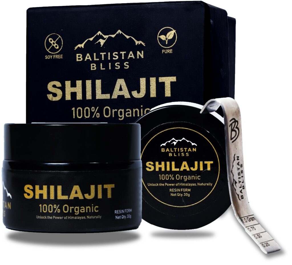 Baltistan Pure Shilajit Resin 30g starter kit showing the sealed square box, glass jar of black resin, and stainless steel spoon