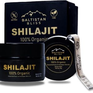 Baltistan Pure Shilajit Resin 30g starter kit showing the sealed square box, glass jar of black resin, and stainless steel spoon